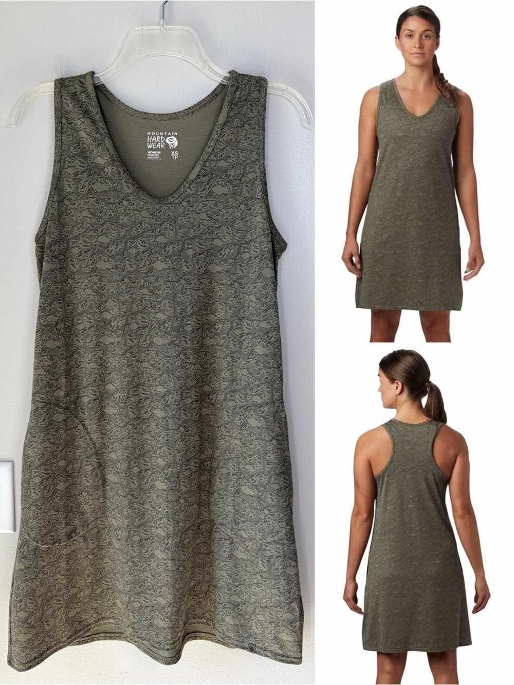 Mountain Hardwear Olive Green Topographic Racerback Dress Travel Hiking Casual